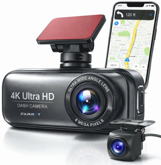 Farrot A26C 4K vaizdo registratorius automobiliui su GPS, WiFi, priekine ir galine kamera