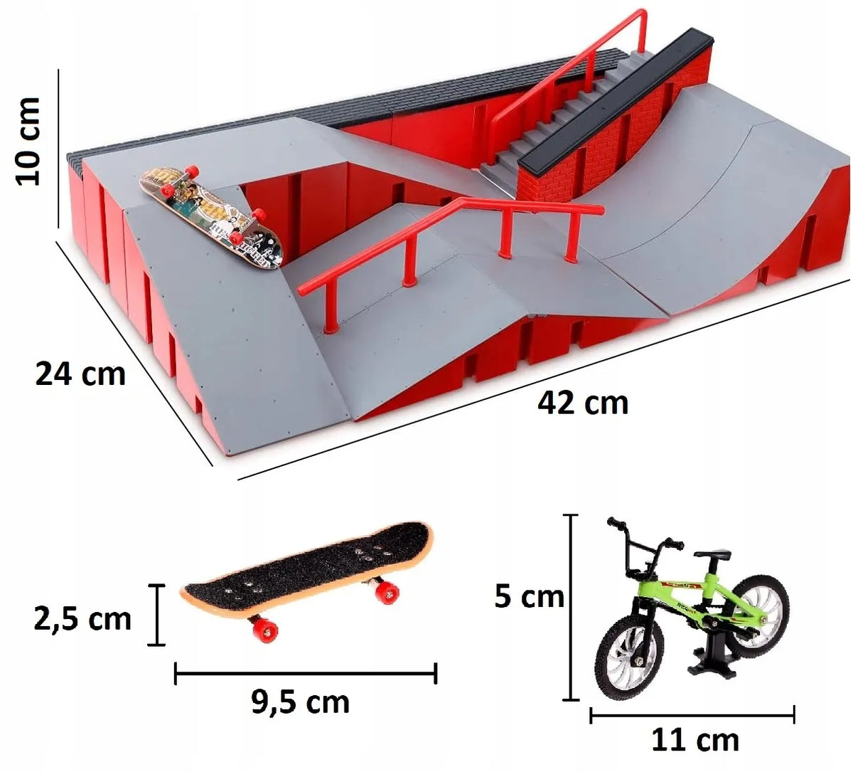 FB-09-B fingerboard rinkinys vaikams: didelis skateparkas, mini riedlentė ir BMX dviratis