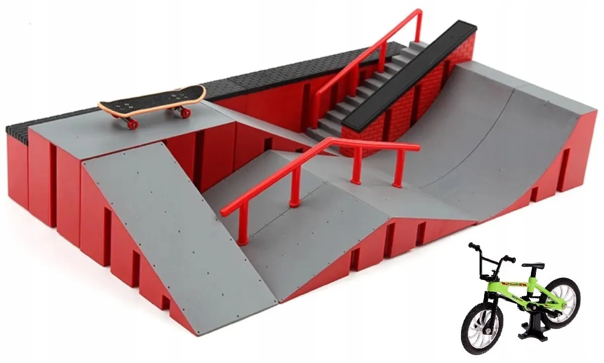 FB-09-B fingerboard rinkinys vaikams: didelis skateparkas, mini riedlentė ir BMX dviratis