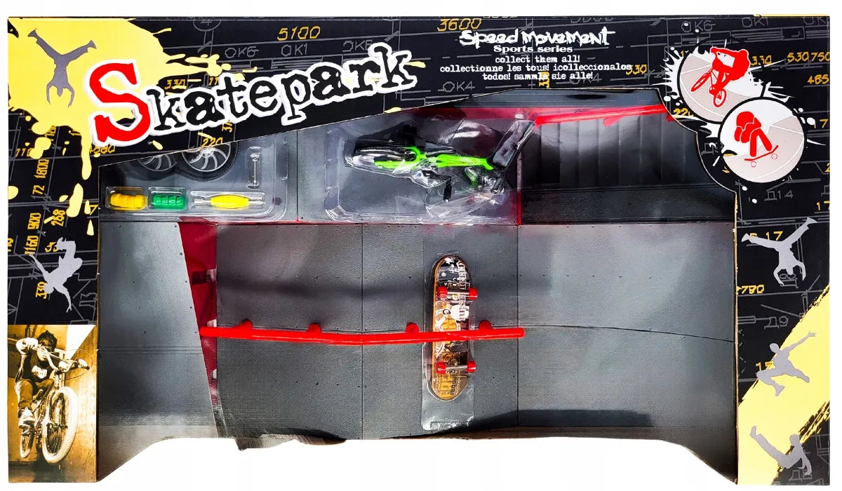 FB-09-B fingerboard rinkinys vaikams: didelis skateparkas, mini riedlentė ir BMX dviratis