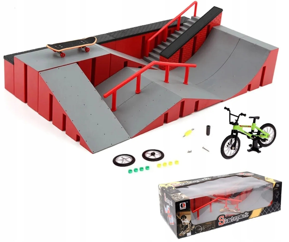 FB-09-B fingerboard rinkinys vaikams: didelis skateparkas, mini riedlentė ir BMX dviratis