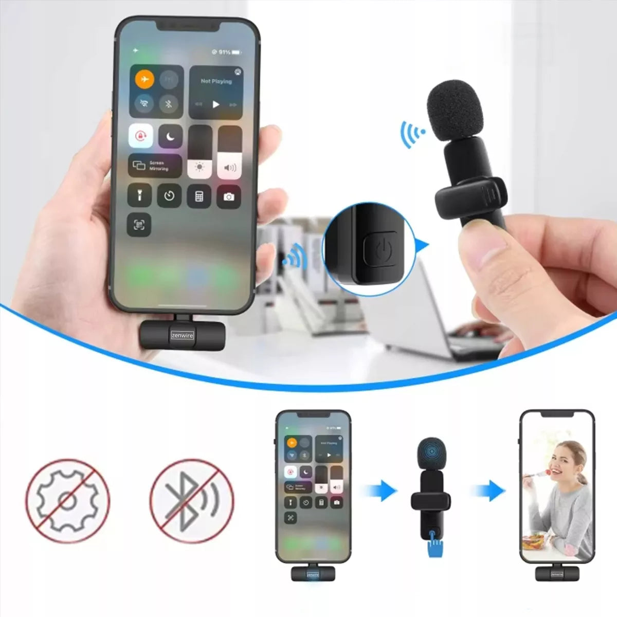 Mini belaidis atlapinis kondensatorinis mikrofonas telefonui, kompiuteriui, USB-C