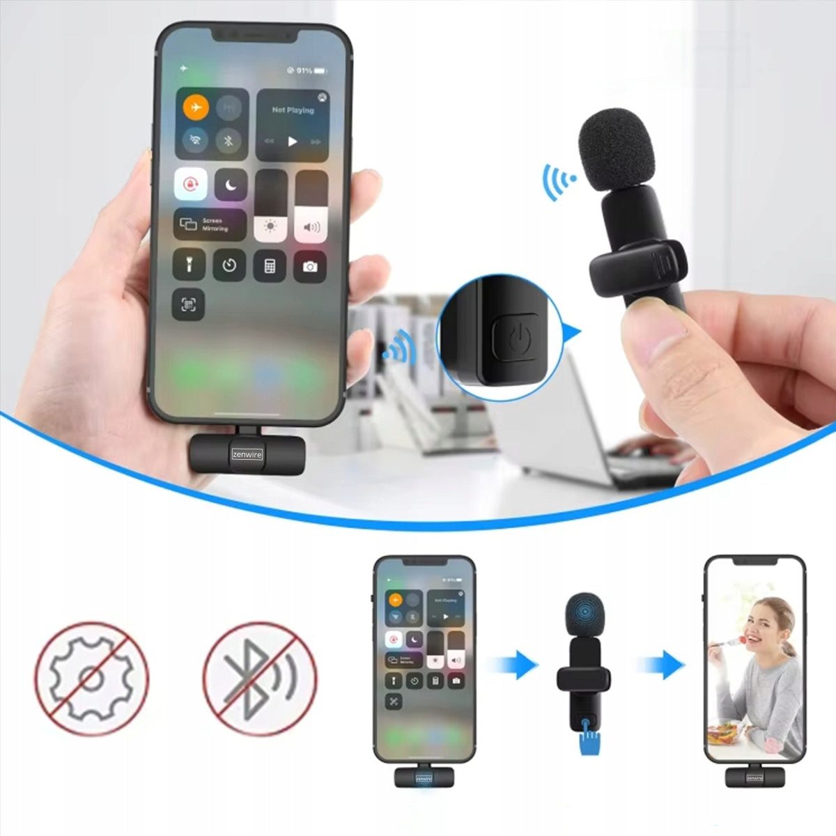 Mini belaidis atlapinis kondensatorinis mikrofonas telefonui, kompiuteriui, USB-C