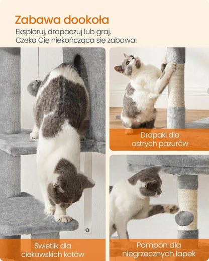 FEANDREA didelė aukšta kačių draskyklė 143 cm, stabili, tvirta, su guoliu, 5 lygių, XL