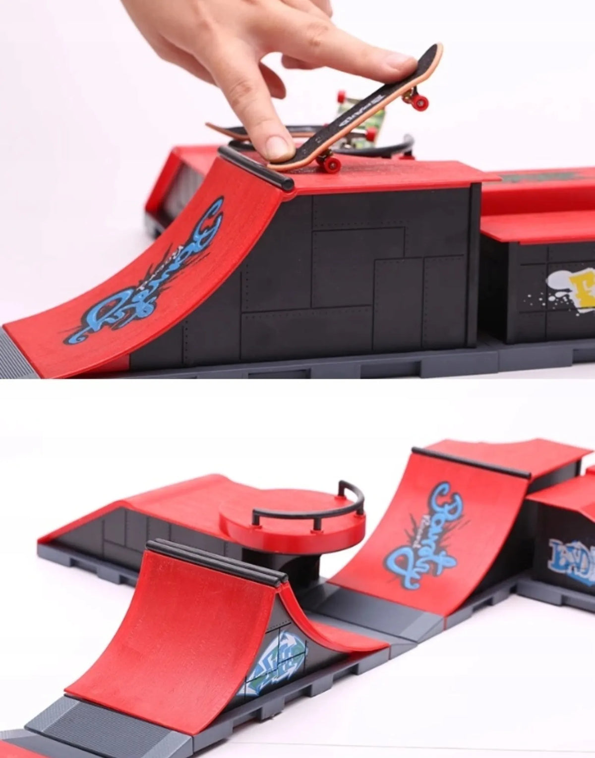 „Fingerboard“ skateparko rinkinys 6 viename vaikams: 6 rampos, 6 mini riedlentės ir stovelis
