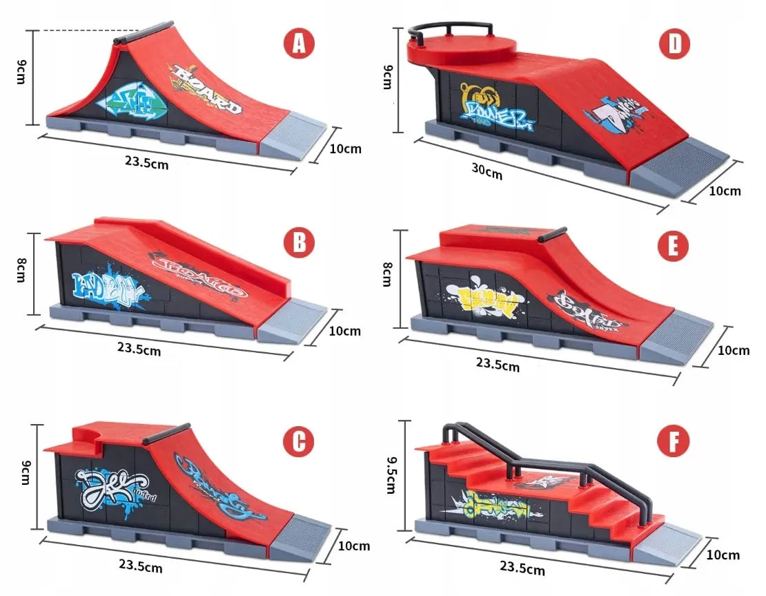 „Fingerboard“ skateparko rinkinys 6 viename vaikams: 6 rampos, 6 mini riedlentės ir stovelis