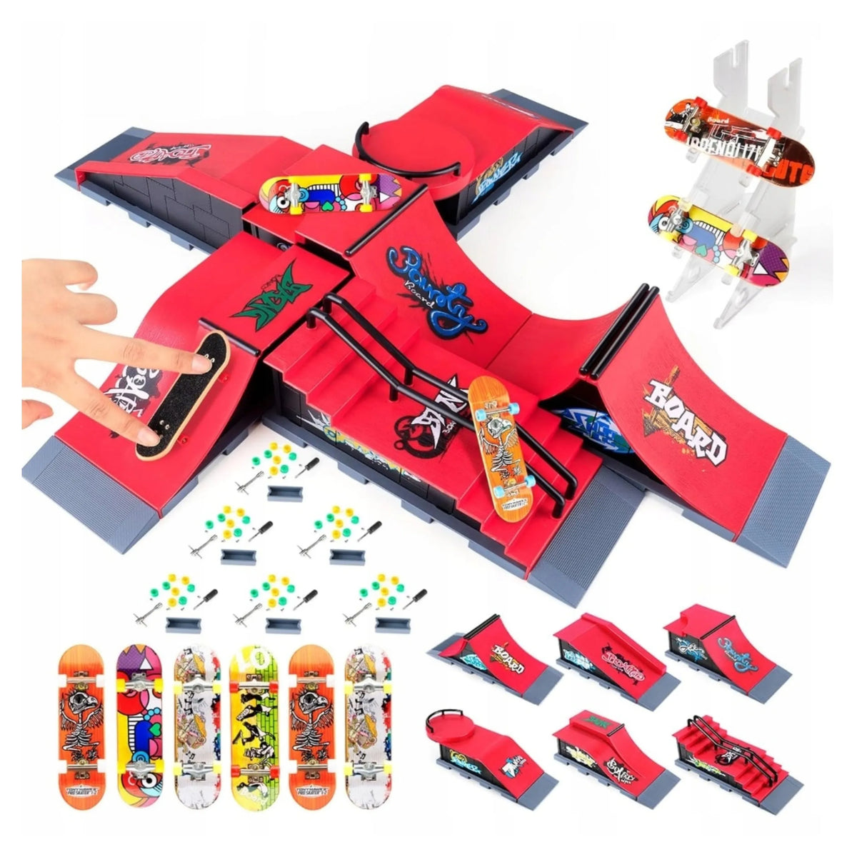 „Fingerboard“ skateparko rinkinys 6 viename vaikams: 6 rampos, 6 mini riedlentės ir stovelis