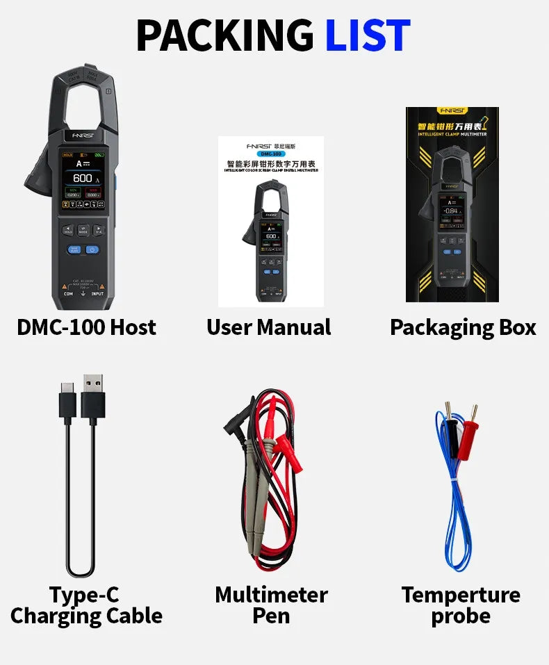 FNIRSI DMC-100 gnybtinis matuoklis True RMS 600A 750V NCV USB-C