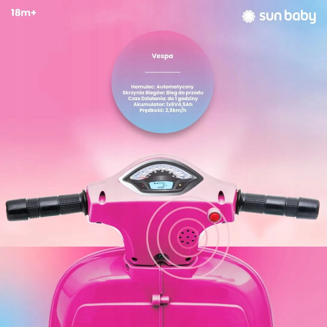 Fuksijos spalvos akumuliatorinis vaikiškas motoroleris Vespa MINI Sun Baby