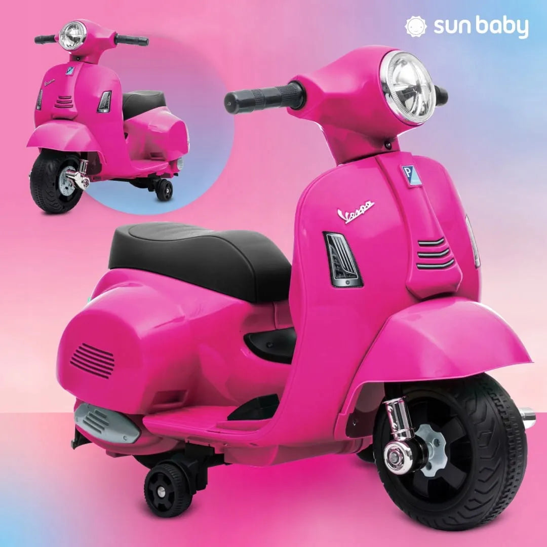 Fuksijos spalvos akumuliatorinis vaikiškas motoroleris Vespa MINI Sun Baby