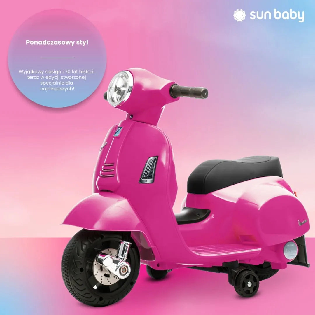 Fuksijos spalvos akumuliatorinis vaikiškas motoroleris Vespa MINI Sun Baby