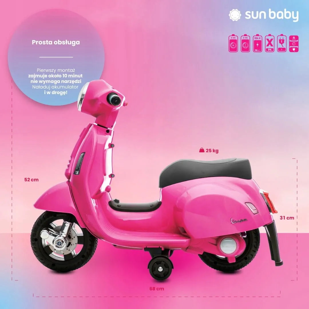 Fuksijos spalvos akumuliatorinis vaikiškas motoroleris Vespa MINI Sun Baby