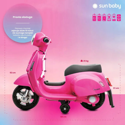 Fuksijos spalvos akumuliatorinis vaikiškas motoroleris Vespa MINI Sun Baby