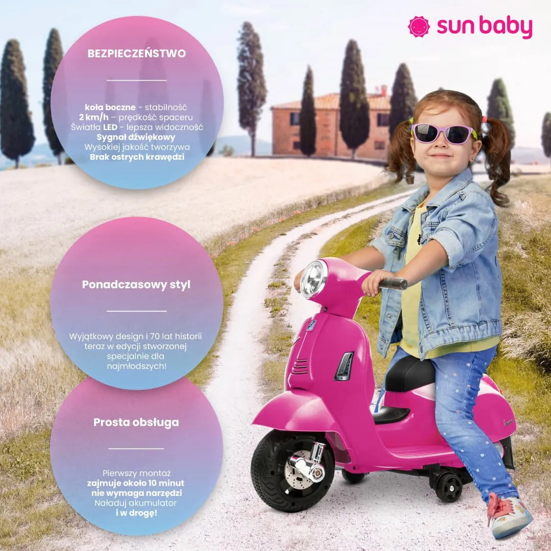 Fuksijos spalvos akumuliatorinis vaikiškas motoroleris Vespa MINI Sun Baby