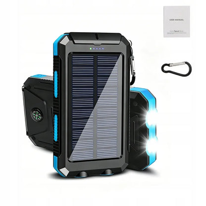 Galingas 30 000 mAh saulės energijos įkroviklis su žibintuvėliu ir kompasu, atsparus vandeniui, juodas