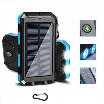 Galingas 30 000 mAh saulės energijos įkroviklis su žibintuvėliu ir kompasu, atsparus vandeniui, juodas