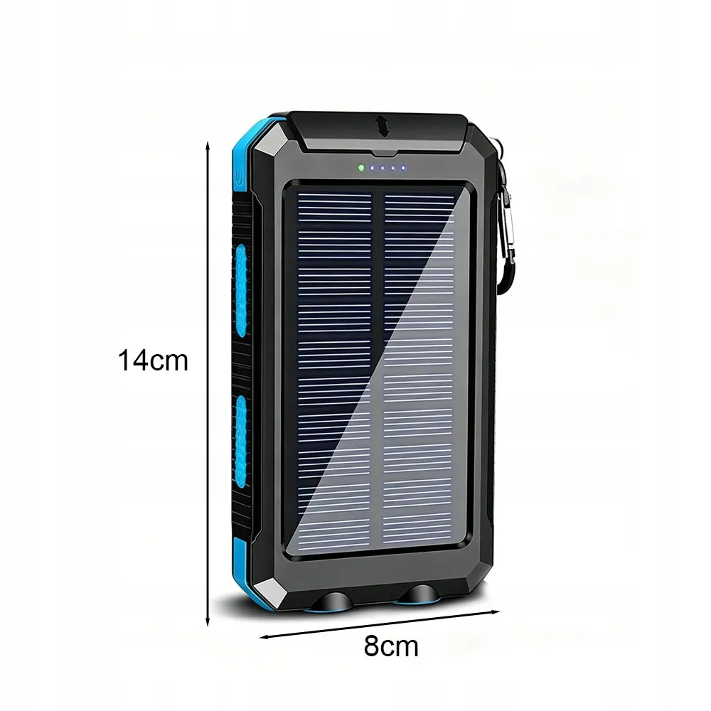 Galingas 30 000 mAh saulės energijos įkroviklis su žibintuvėliu ir kompasu, atsparus vandeniui, juodas