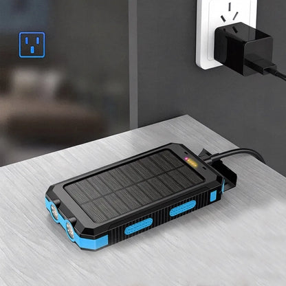 Galingas 30 000 mAh saulės energijos įkroviklis su žibintuvėliu ir kompasu, atsparus vandeniui, juodas