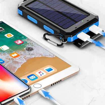 Galingas 30 000 mAh saulės energijos įkroviklis su žibintuvėliu ir kompasu, atsparus vandeniui, juodas