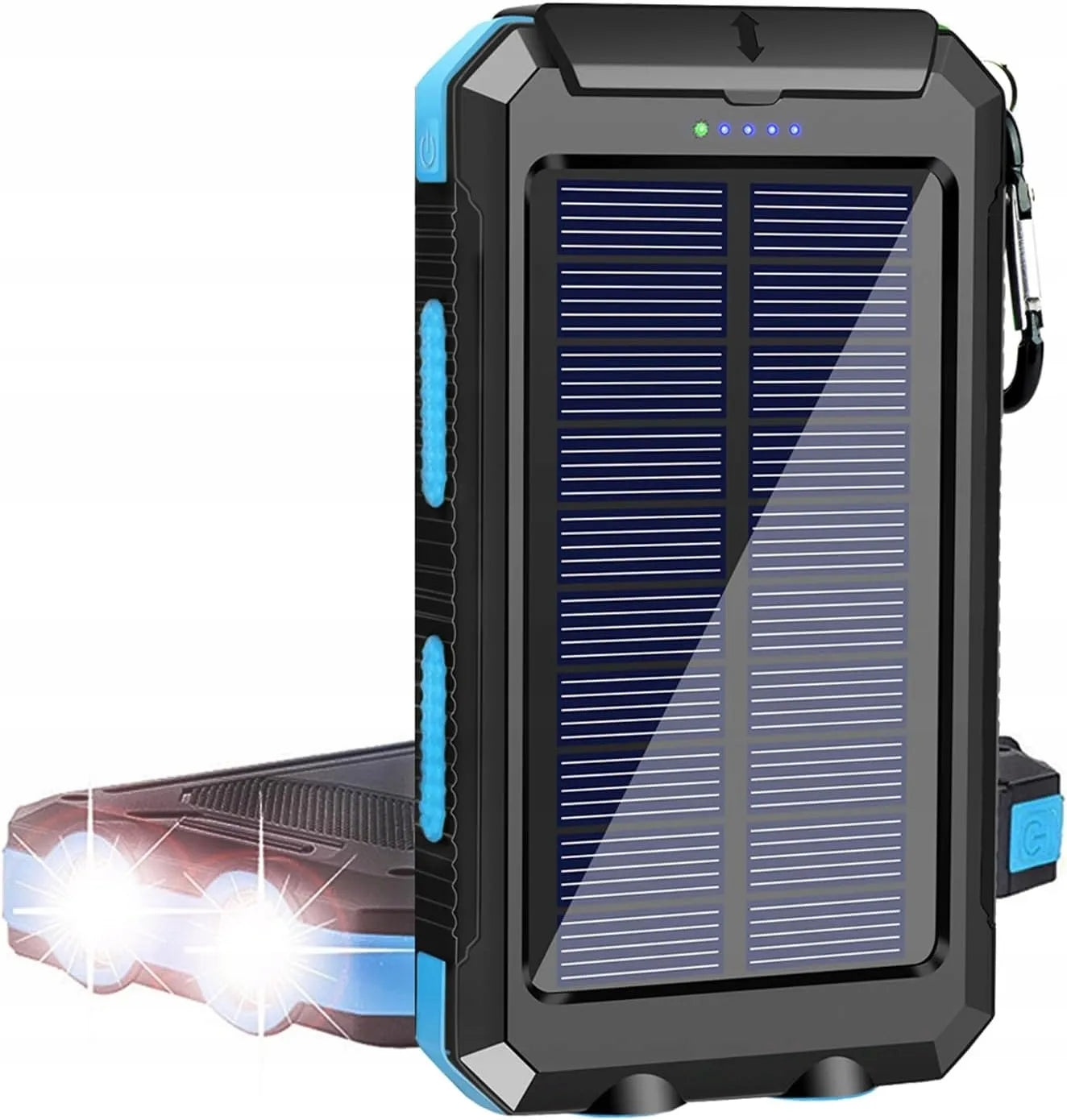 Galingas 30 000 mAh saulės energijos įkroviklis su žibintuvėliu ir kompasu, atsparus vandeniui, juodas