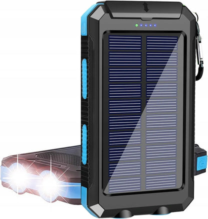 Galingas 30 000 mAh saulės energijos įkroviklis su žibintuvėliu ir kompasu, atsparus vandeniui, juodas