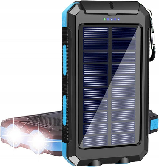 Galingas 30 000 mAh saulės energijos įkroviklis su žibintuvėliu ir kompasu, atsparus vandeniui, juodas
