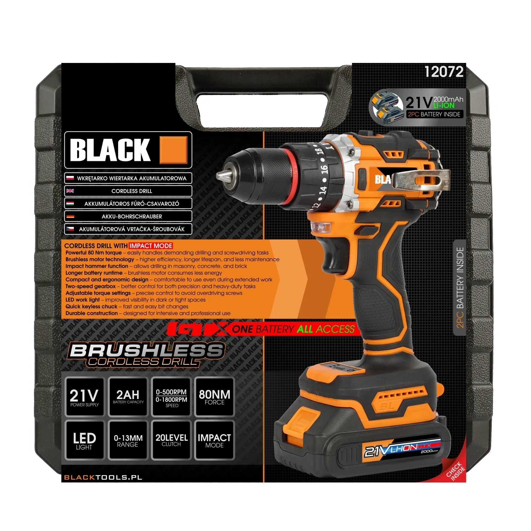 Galingas belaidis smūginis gręžtuvas-suktuvas Black, bešepetėlis, 21V, 2x2Ah