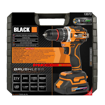 Galingas belaidis smūginis gręžtuvas-suktuvas Black, bešepetėlis, 21V, 2x2Ah