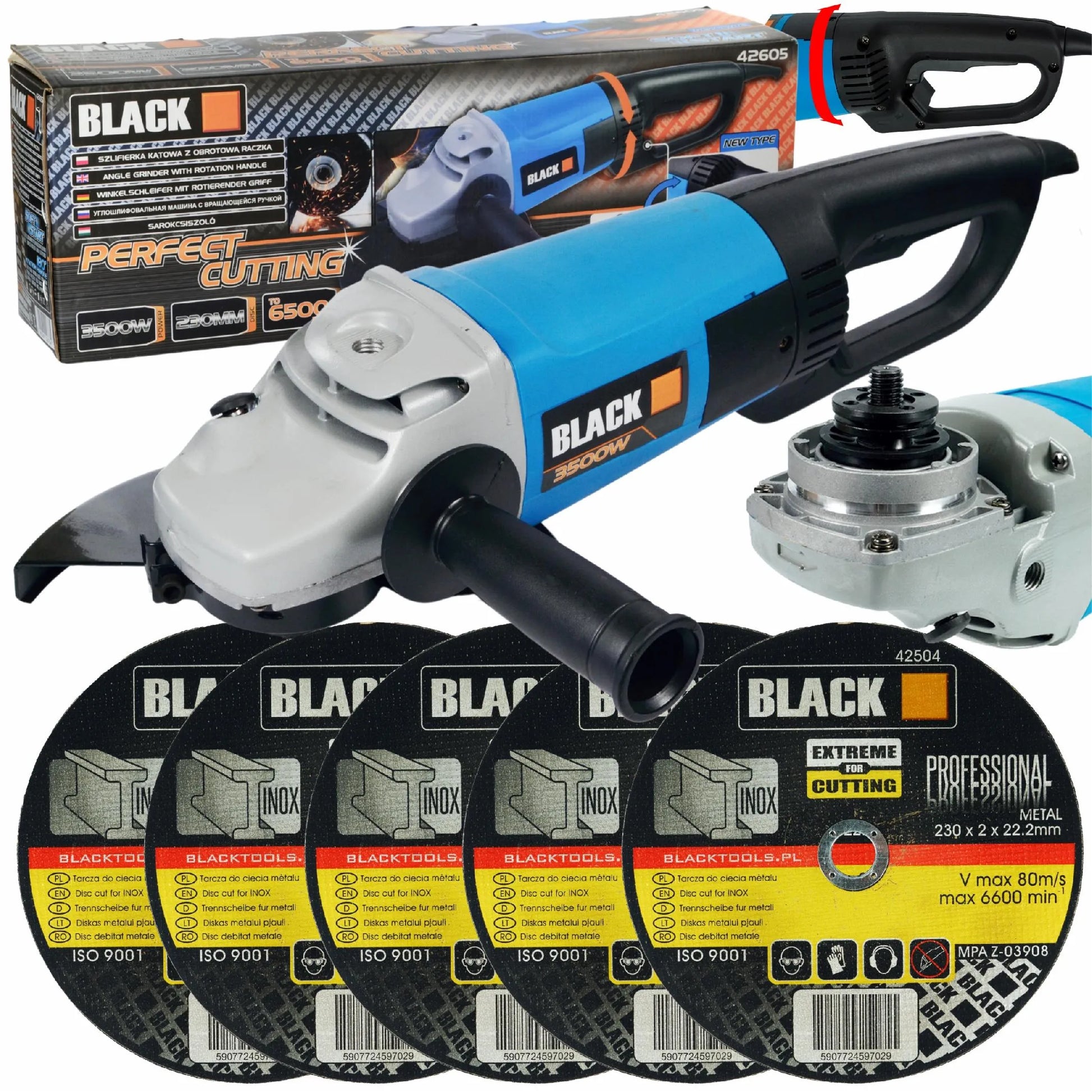 Galingas kampinis šlifuoklis Black 230mm, besisukanti rankena, 3500W