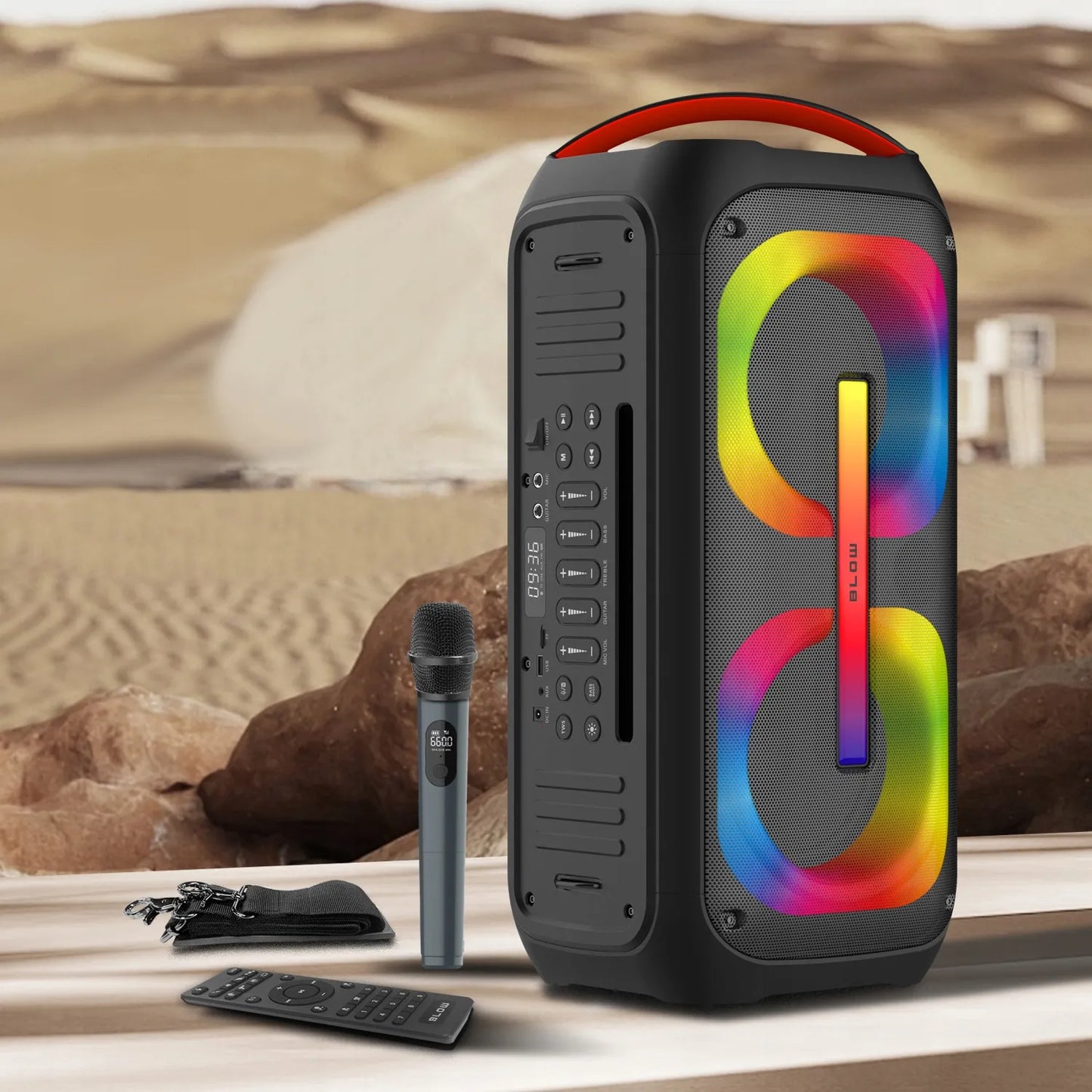Galingas nešiojamas „Bluetooth“ garsiakalbis su mikrofonu ir pulteliu, USB, SD, karaokė