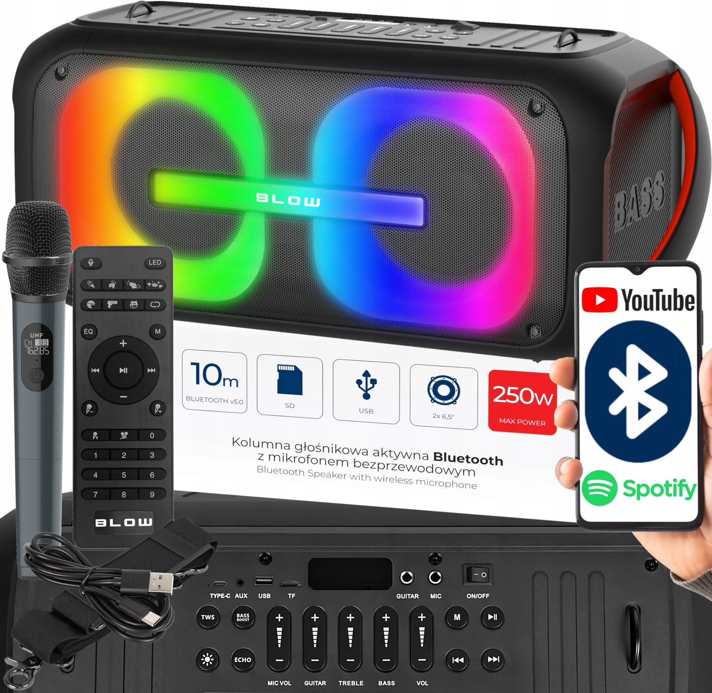 Galingas nešiojamas „Bluetooth“ garsiakalbis su mikrofonu ir pulteliu, USB, SD, karaokė