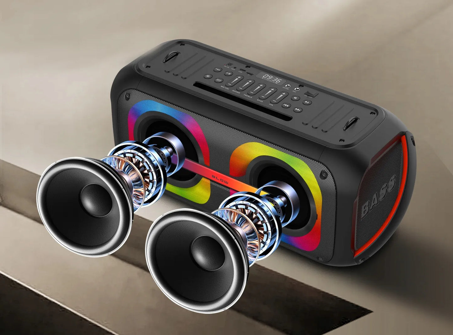 Galingas nešiojamas „Bluetooth“ garsiakalbis su mikrofonu ir pulteliu, USB, SD, karaokė