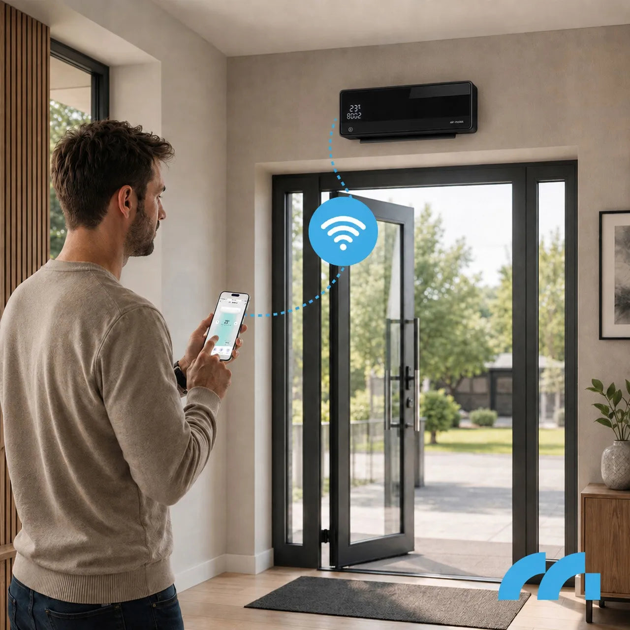 Galingas oro užuolaidos elektrinis šildytuvas, WiFi, nuotolinio valdymo pultas, laikmatis, 2000 W