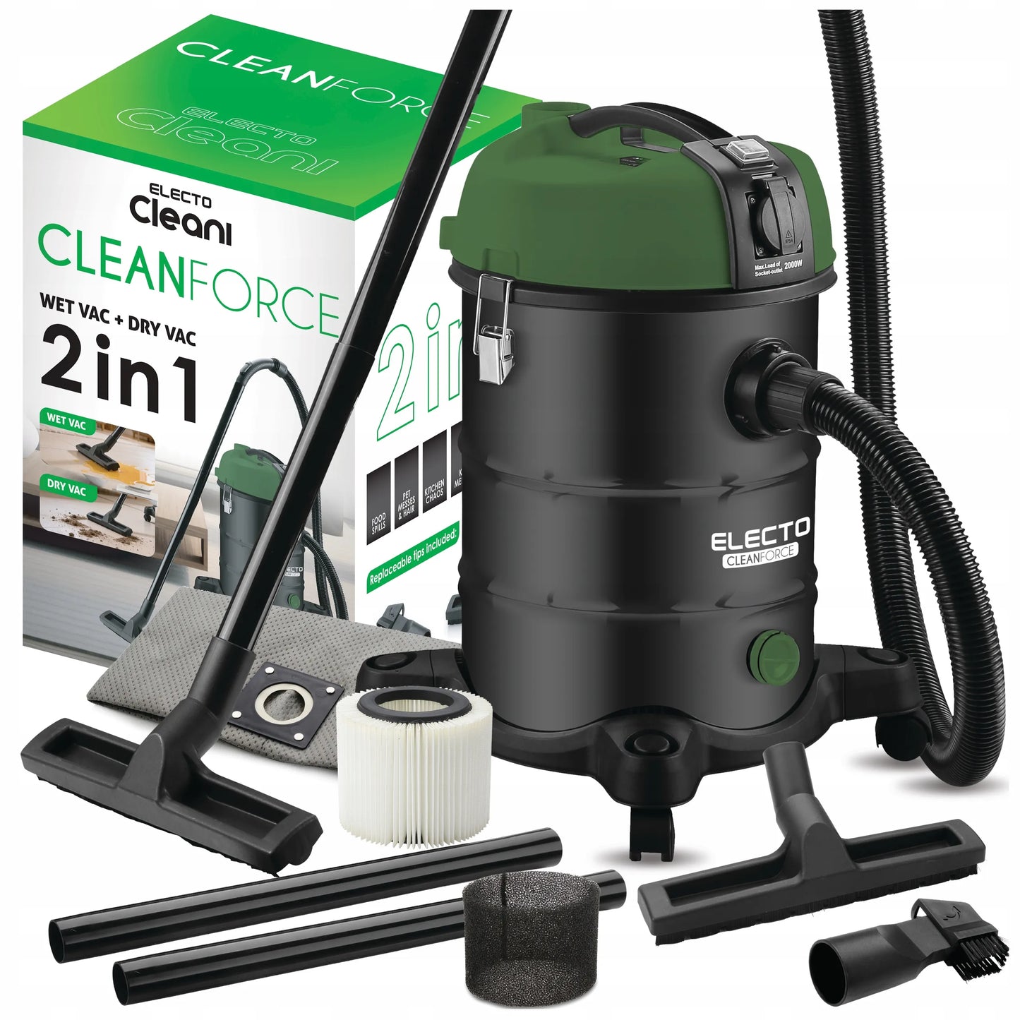 Galingas pramoninis vakuuminis siurblys Electo 3300W be maišelio su dulkių purtytimi 2in1 sausam ir šlapiam valymui