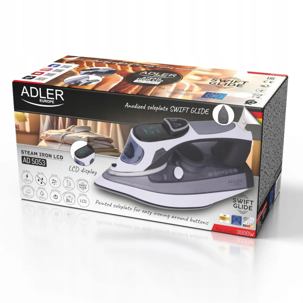 Garinis lygintuvas su LCD ekranu „Adler AD5053“, 3000 W, anoduotas SWIFT GLIDE padas