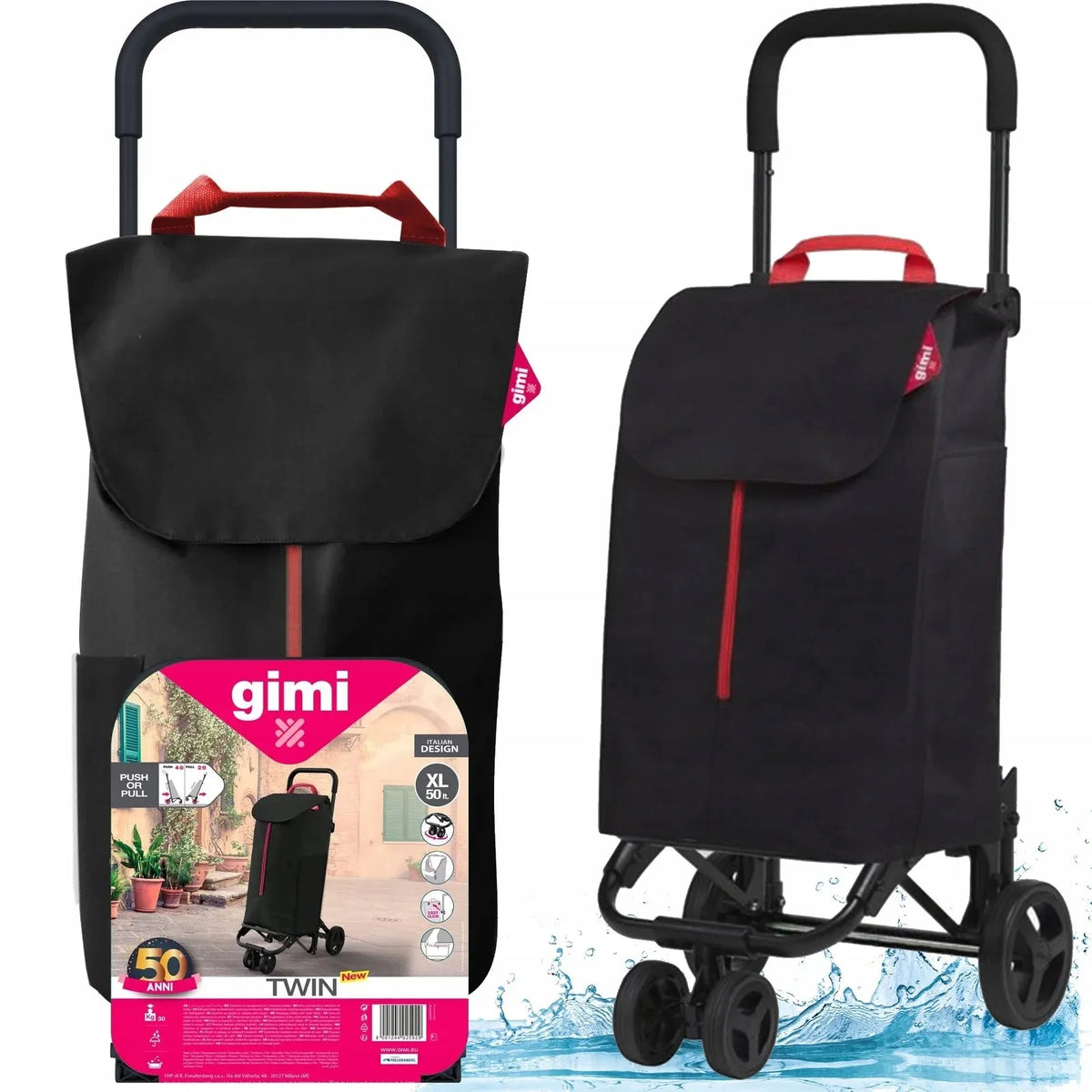 „Gimi New Twin“ sulankstomas pirkinių vežimėlis su keturiais ratukais, juodas