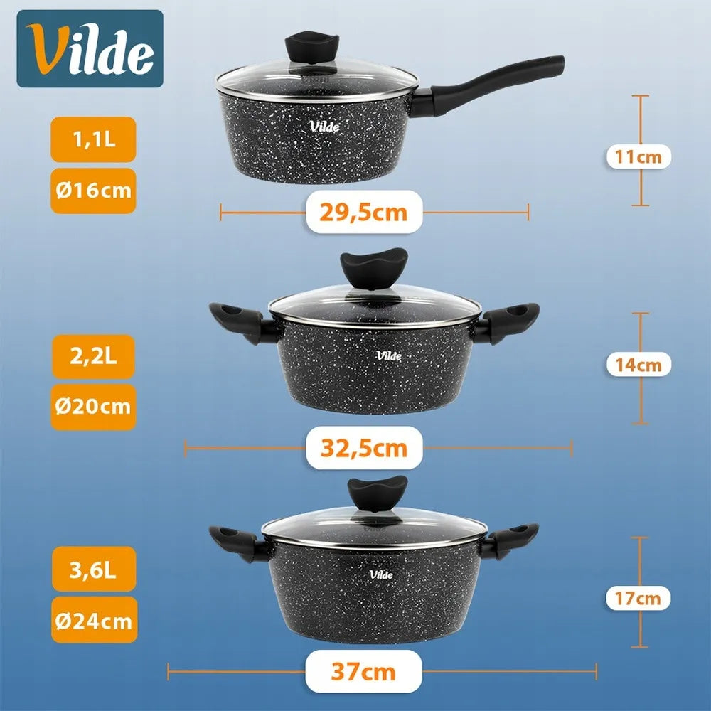 Granito puodų rinkinys Vilde, keptuvė ir prikaistuvis, 9 dalių, juodas