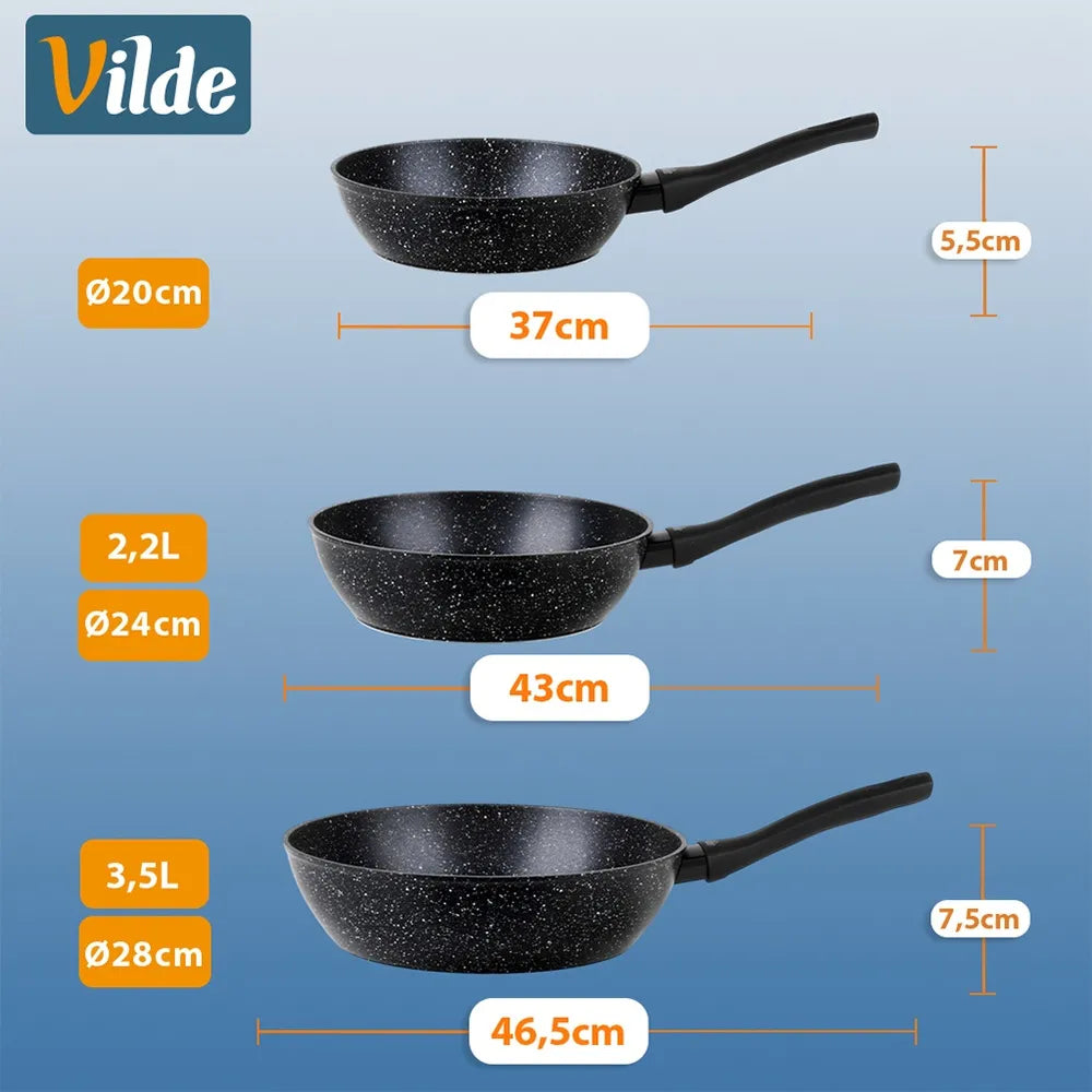 Granito puodų rinkinys Vilde, keptuvė ir prikaistuvis, 9 dalių, juodas