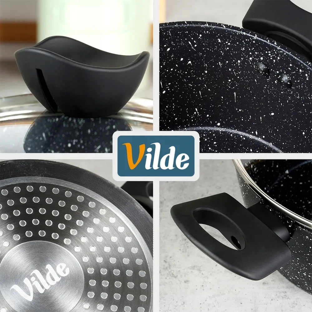 Granito puodų rinkinys Vilde, keptuvė ir prikaistuvis, 9 dalių, juodas