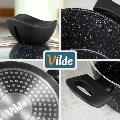 Granito puodų rinkinys Vilde, keptuvė ir prikaistuvis, 9 dalių, juodas