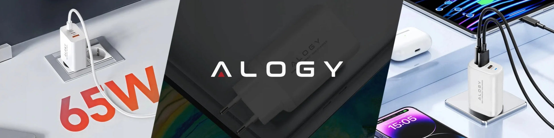Greitas tinklo įkroviklis USB 2x USB-C „Alogy“ 65W QC PD