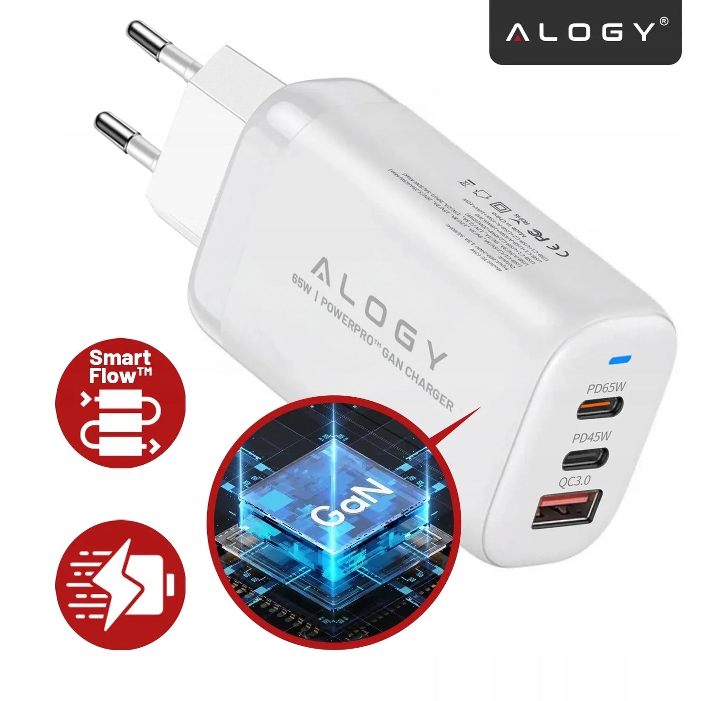 Greitas tinklo įkroviklis USB 2x USB-C „Alogy“ 65W QC PD