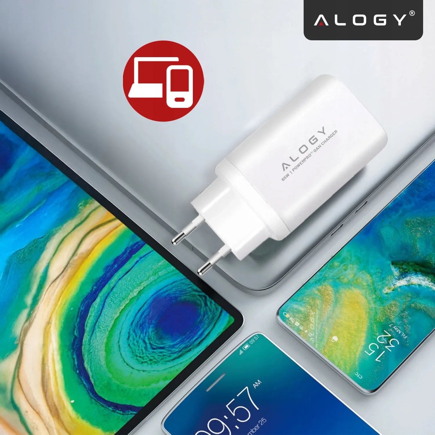 Greitas tinklo įkroviklis USB 2x USB-C „Alogy“ 65W QC PD