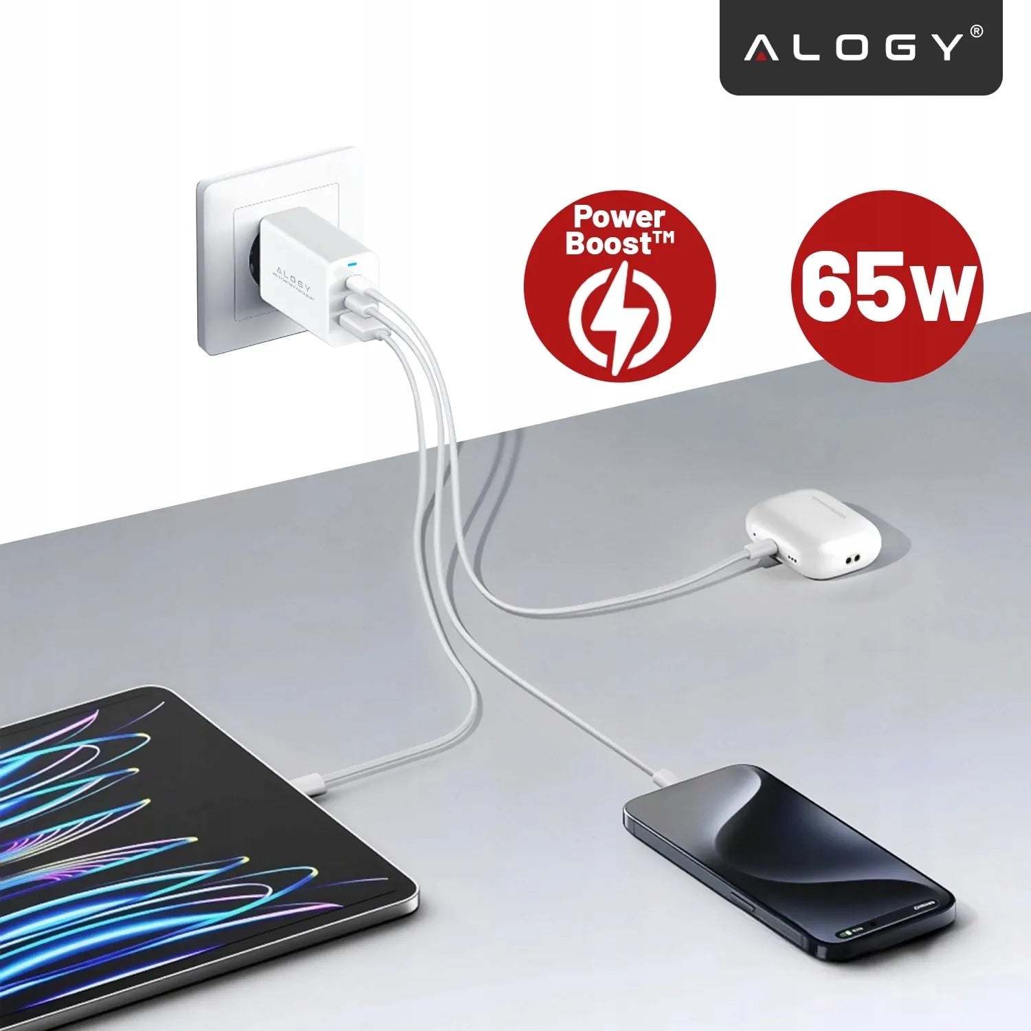Greitas tinklo įkroviklis USB 2x USB-C „Alogy“ 65W QC PD
