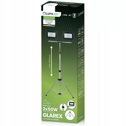 HALOGENINIS prožektorių rinkinys LED LEMPA ant stovo 2x50W darbinis STATYBINIS GALINGAS