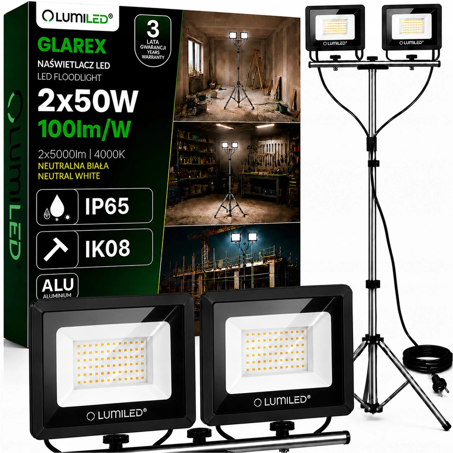 HALOGENINIS prožektorių rinkinys LED LEMPA ant stovo 2x50W darbinis STATYBINIS GALINGAS