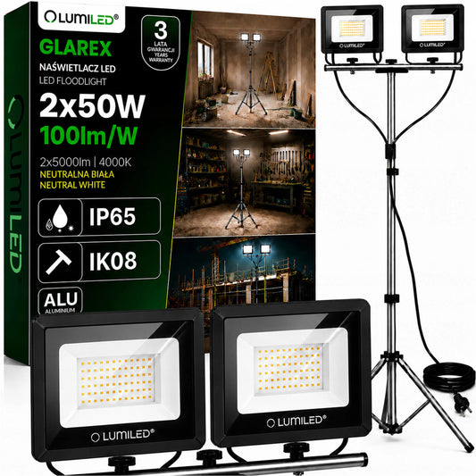 HALOGENINIS prožektorių rinkinys LED LEMPA ant stovo 2x50W darbinis STATYBINIS GALINGAS