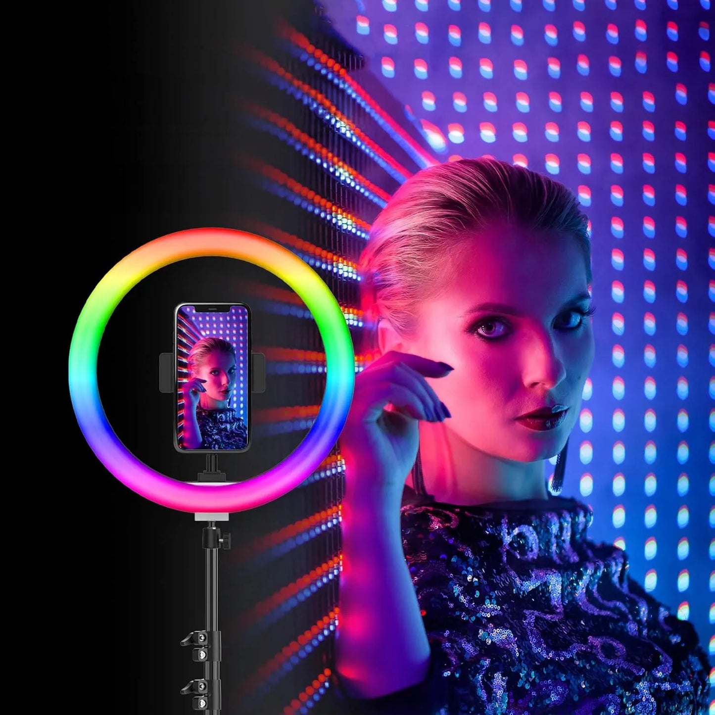 Interlook LED žiedinė lempa RGB 26 cm makiažui asmenukėms + 210 cm trikojis