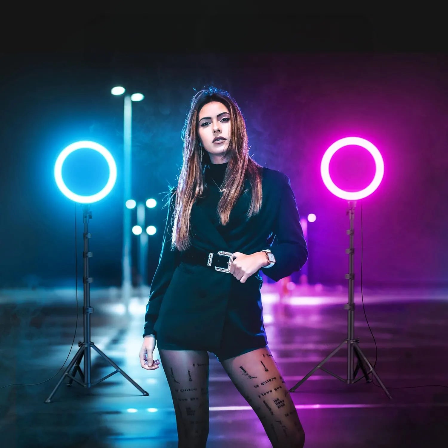 Interlook LED žiedinė lempa RGB 26 cm makiažui asmenukėms + 210 cm trikojis