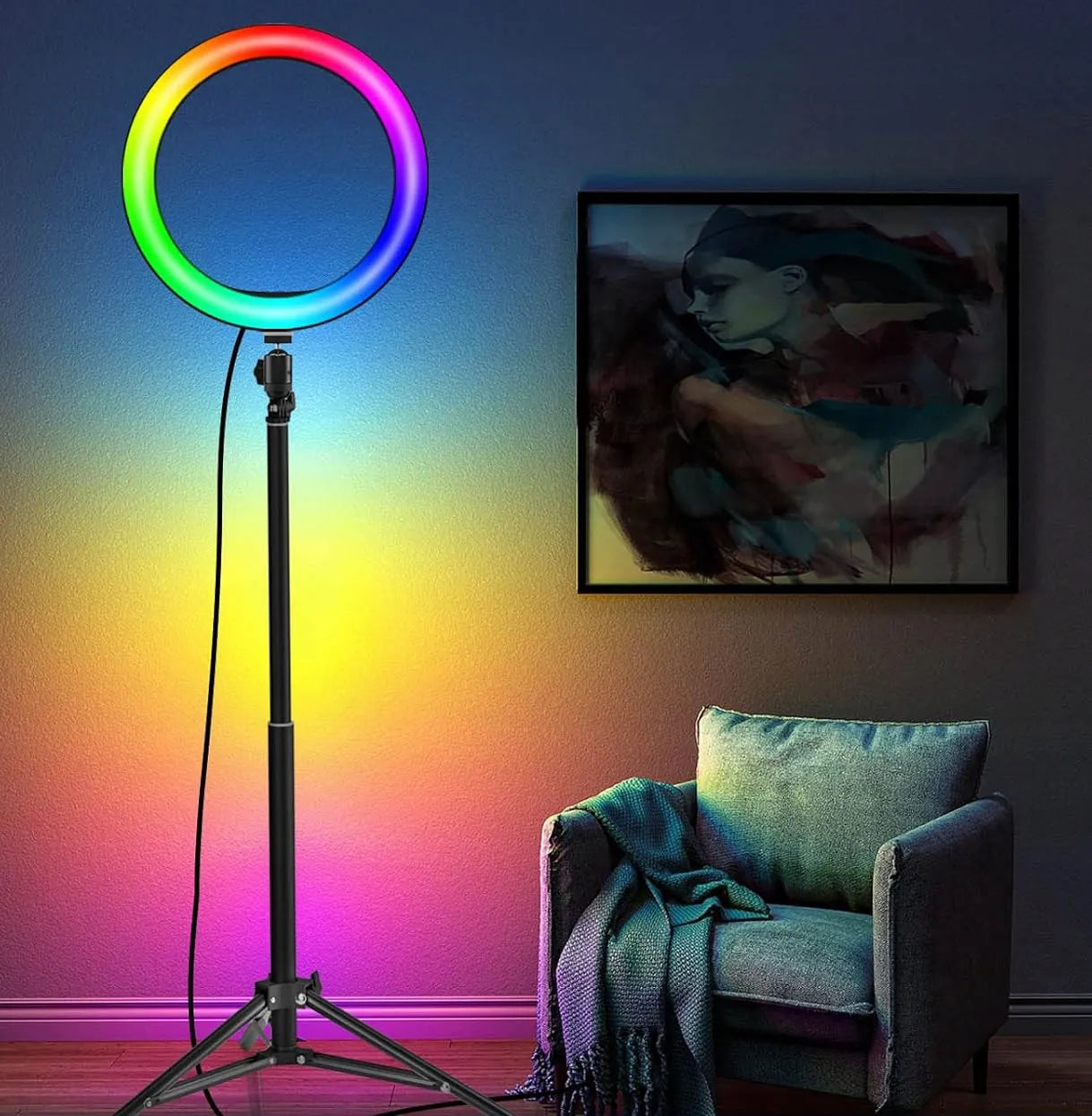 Interlook LED žiedinė lempa RGB 26 cm makiažui asmenukėms + 210 cm trikojis